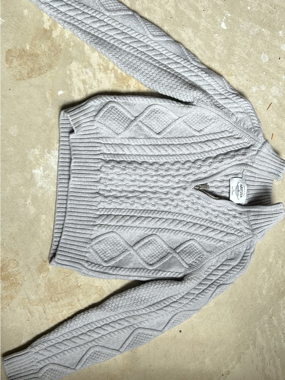 Aritzia Light Gray Cable-Knit Merino Wool Quarter-Zip Sweater
